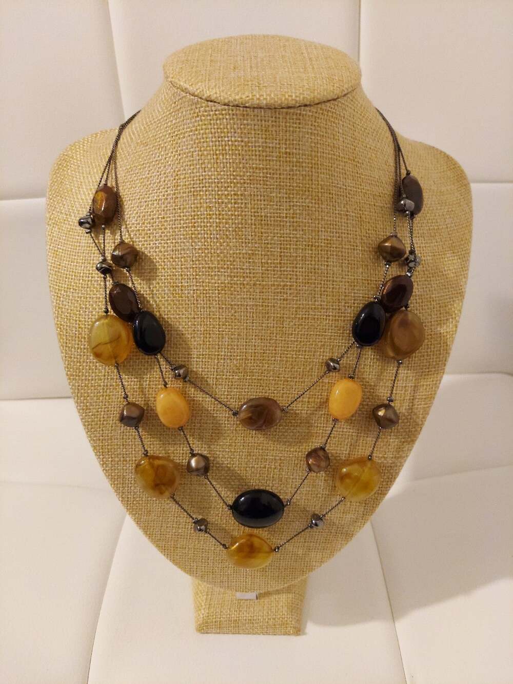 NY Brown Black Yellow Polished Stones Layered 16" Statement Necklace
